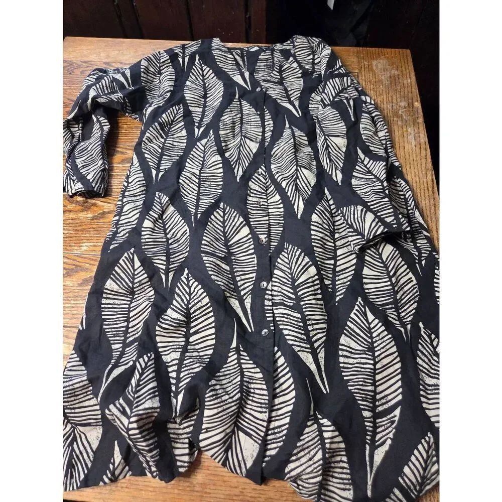 Gudrun Sjoden black&white leaf print linen dress sz M